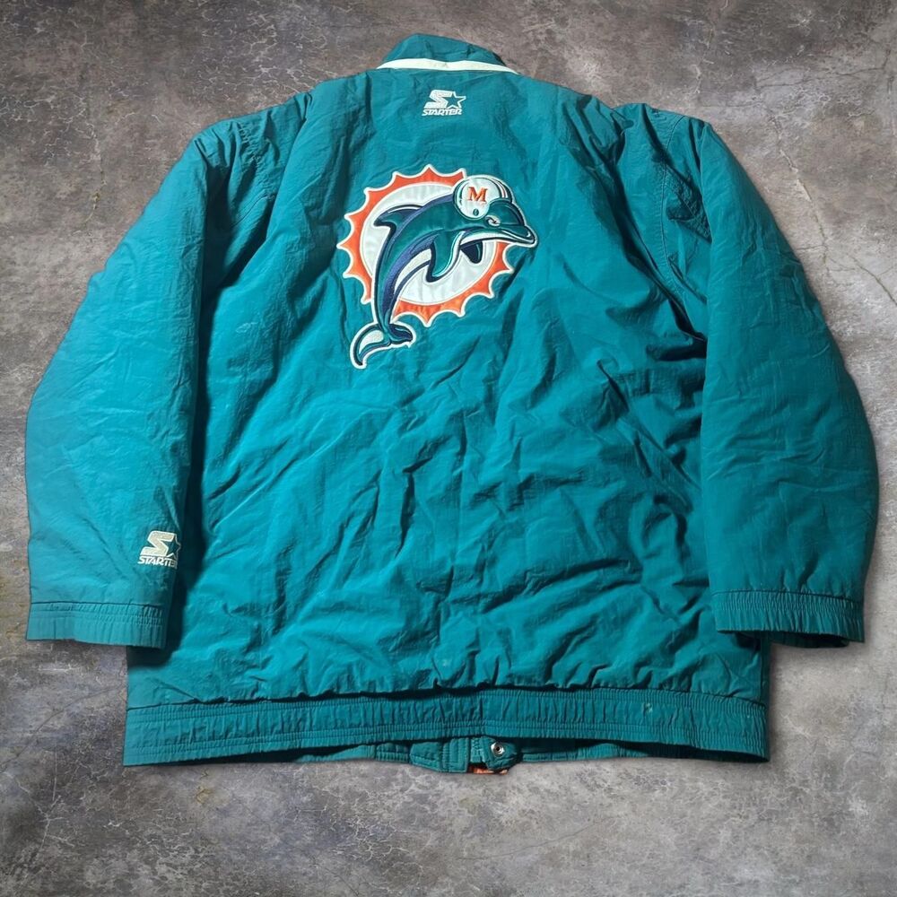 Vintage 90s Starter Miami Dolphins NFL Puffer Jacket Men Teal Large Embroidered